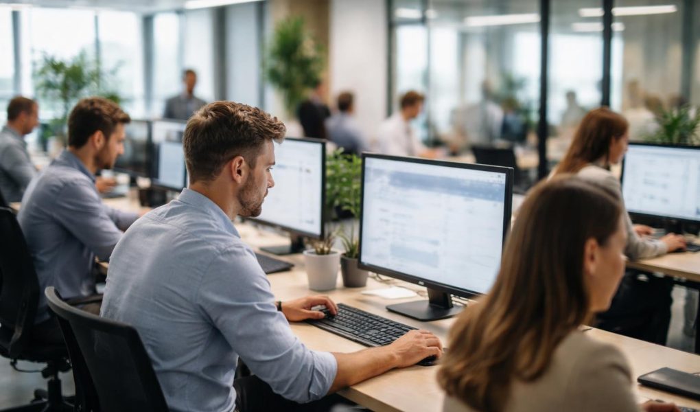 employes-bureau-moderne-ecrans-verre