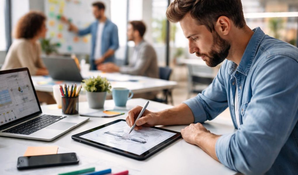 bureau-moderne-dessin-tablette-equipe