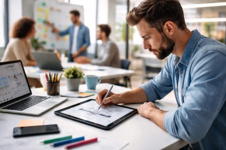 bureau-moderne-dessin-tablette-equipe