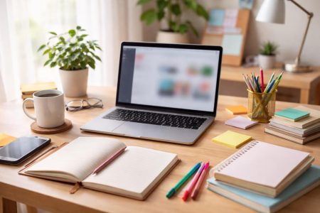 bureau-moderne-ordinateur-carnets-cafe