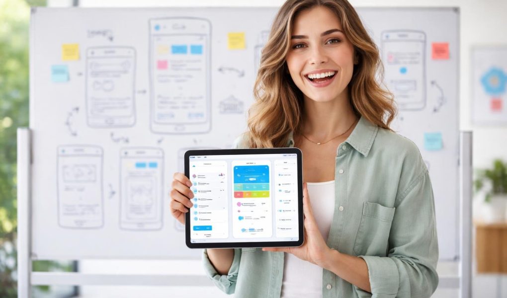 femme-enthousiaste-tableau-croquis-tablette-interface