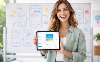 femme-enthousiaste-tableau-croquis-tablette-interface