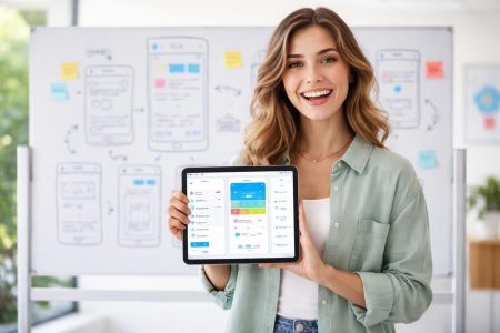 femme-enthousiaste-tableau-croquis-tablette-interface