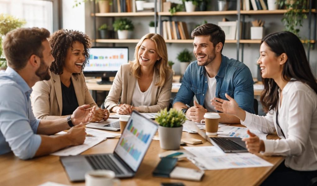 equipe-professionnels-bureau-table-plantes