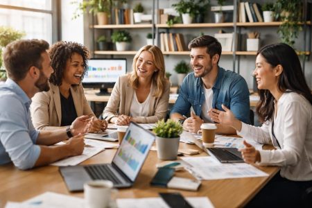 equipe-professionnels-bureau-table-plantes