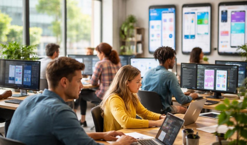 bureau-moderne-jeunes-professionnels-ordinateurs